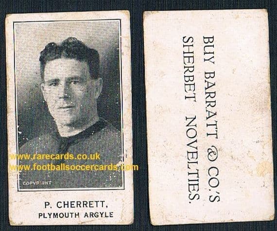 1925 Barratt & Co P. Cherrett Plymouth Argyle footballer card Sherbet Novelties variety