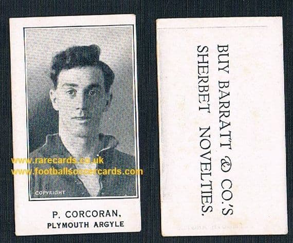 1925 Barratt & Co P. Corcoran Plymouth Argyle footballer card Sherbet Novelties variety
