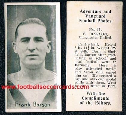 1925 Frank Barson Man Utd #21 Adventure Vanguard card - NOT a crease