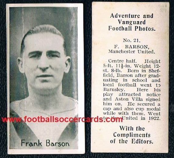1925 Frank Barson Man Utd #21 Adventure Vanguard card - NOT a crease