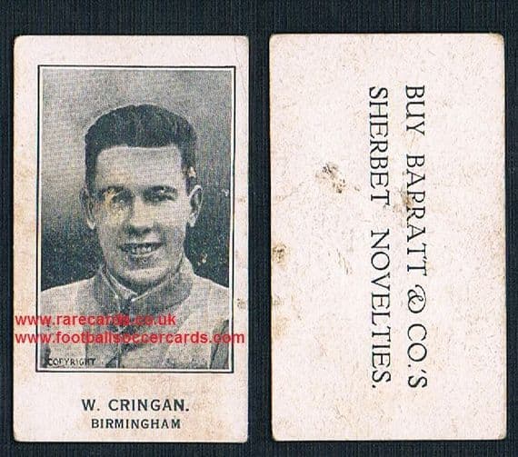 1925 W. Jimmy Cringan Birmingham City Barratt's Sherbet Novelties card