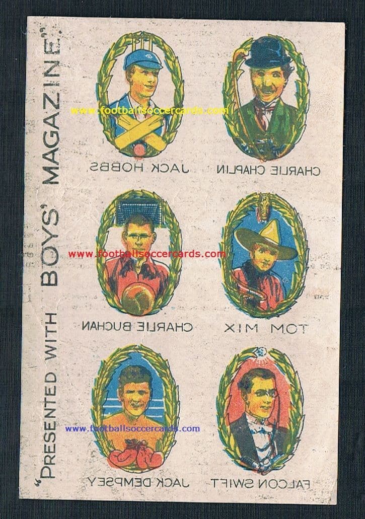 1926 *STAR ITEM* Boys Mag uncut sheet 6 decals Jack Dempsey Charlie Buchan Chaplin & Hobbs + COMIC