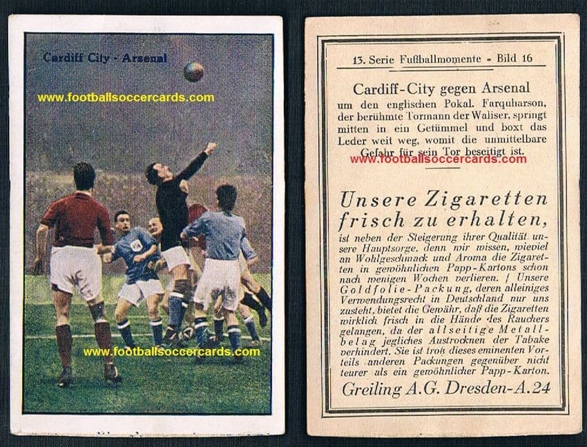 1927 Greiling Arsenal v Cardiff City card Ireland Farquharson Scotland Jimmy Nelson NUFC