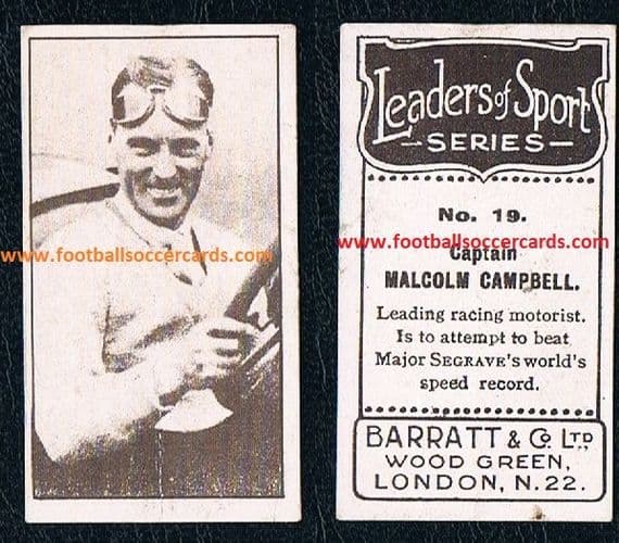 1927 Malcolm Campbell ROOKIE CARD F1 Barratt & Co Leaders of Sport #19 HOF super-rare GB candy card