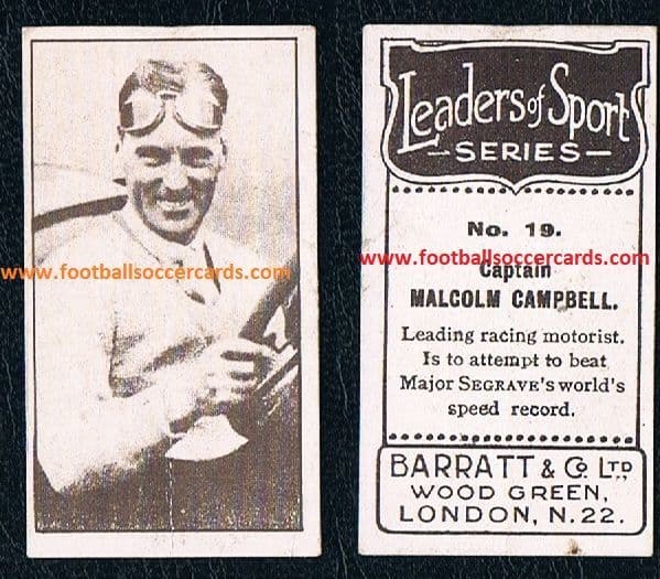 1927 Malcolm Campbell ROOKIE CARD F1 Barratt & Co Leaders of Sport #19 HOF super-rare GB candy card