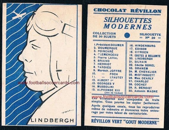 1928 -29 Charles Lindbergh Chc Revillon Silhouettes Modernes trade card from France