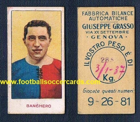 1930 Elvio Banchero HOF for CFC Genoa 1893 & Olympics medallist on a Grasso weight card