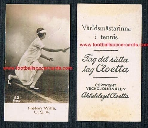 1930 Helen Wills Moody Tennis Cloetta chox trade card from Sweden