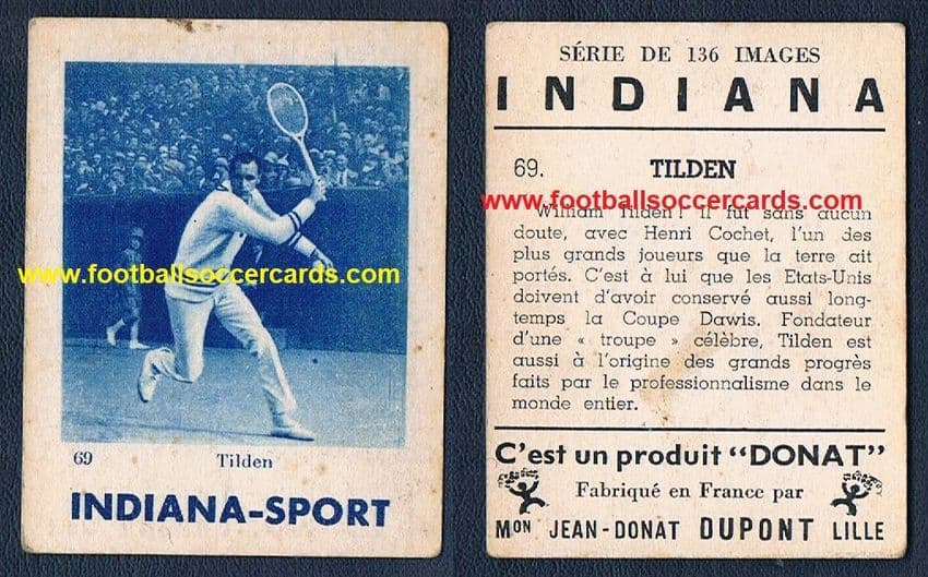 1930 Indiana Sport gum card RARER BLUE TYPE Bill Tilden tennis legend Jean Donat Dupont -see ALL pix