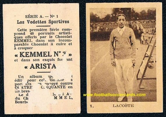 1930 Kemmel Rene LaCoste end-number #1 chox trade card from France, faults LOW PRICE