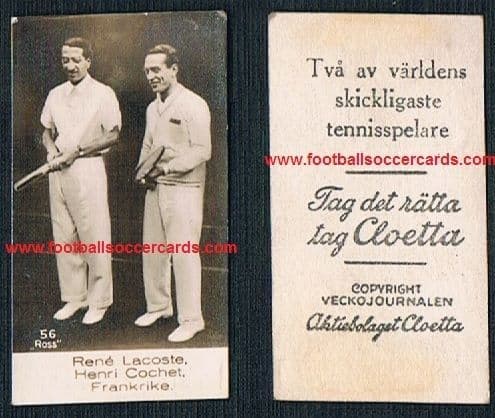 1930 Rene LaCoste & Henri Cochet tennis Cloetta chox trade card from Sweden