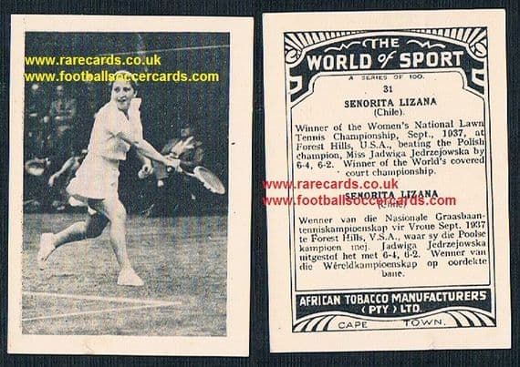 1930's South African Tobacco Cape Town World of Sport Anita Lizana 31 tennis card