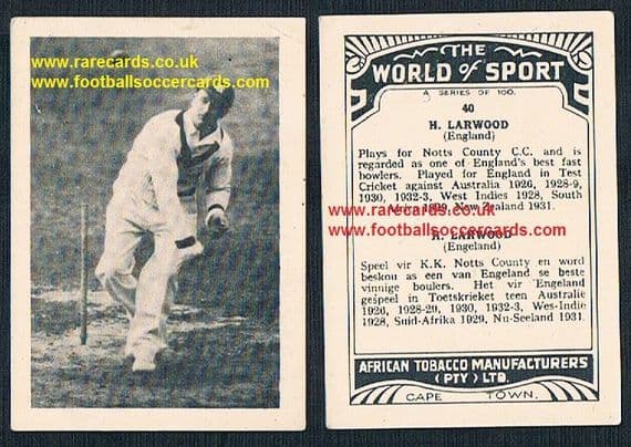 1930's South African Tobacco Cape Town World of Sport cricket card 40 Harold Larwood Notts CCC