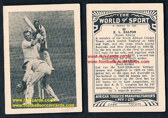 1930's South African Tobacco Cape Town World of Sport cricket card E.A. Dalton 92