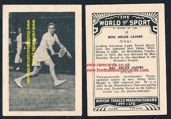 1930's South African Tobacco Cape Town World of Sport Helen Jacobs 17 tennis card