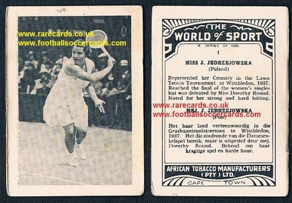 1930's South African Tobacco Cape Town World of Sport tennis card 1 Jadwiga Jed Jędrzejowska