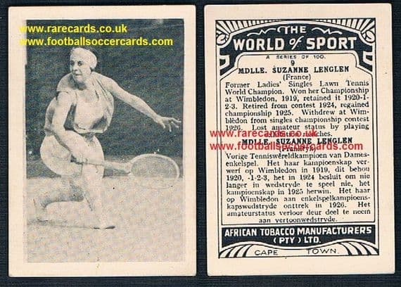 1930's South African Tobacco Cape Town World of Sport tennis card 9 Suzanne Lenglen