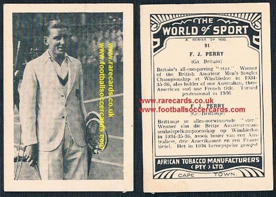1930's South African Tobacco Cape Town World of Sport tennis card Fred Perry 81