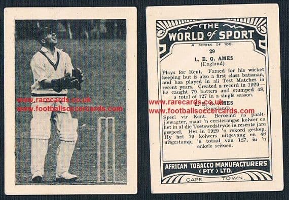 1930's South African Tobacco World of Sport cricket 29 Les Ames Kent CCC