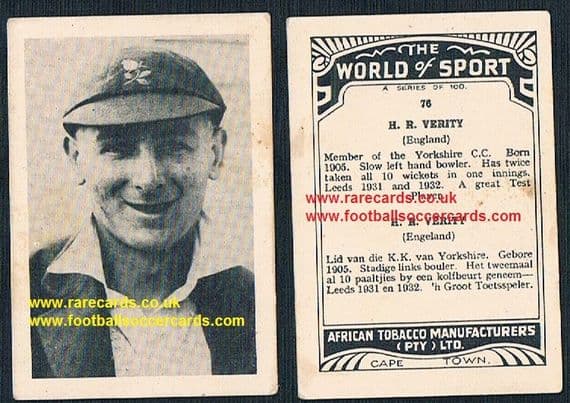 1930's South African Tobacco World of Sport cricket 76 Hedley Verity Yorkshire CCC Green Howards
