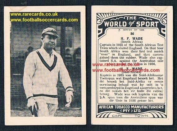 1930's South African Tobacco World of Sport cricket 86 Herby Wade Captain South Africa