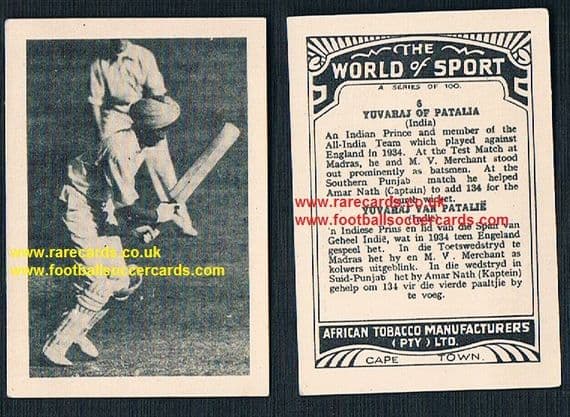 1930's South African Tobacco World of Sport cricket card 6 Yuvaraj Patalia India cricket team
