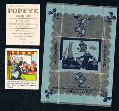 1930 's VAL GUM Klene Confectionery x2 POPEYE cards & original waxy paper packet