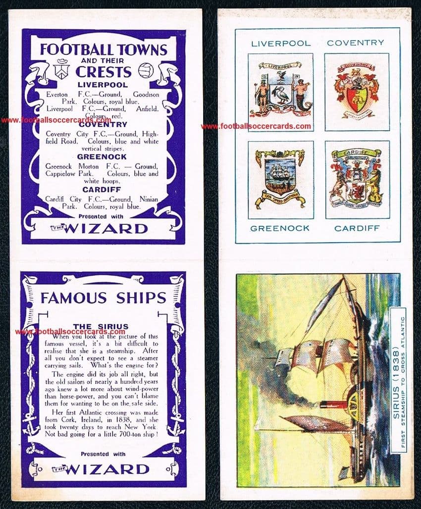 1931 Ships SIRIUS + Football Towns & Crests Liverpool Cardiff Greenock Coventry by Wizard comic