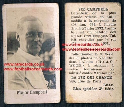 1932 Pie Qui Chante French trade card Malcolm Campbell Sunbeam Bluebird speed record holder