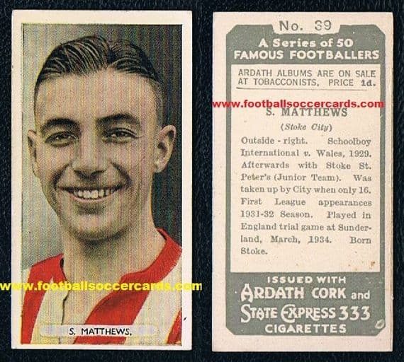 1934 -35 Ardath Stanley Matthews 39 Famous Footballers rookie card