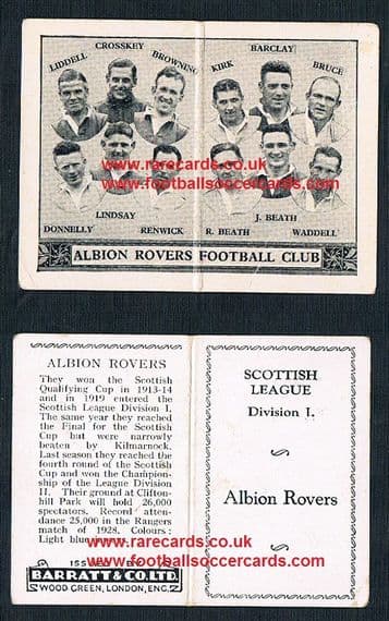 1934 Barratt Scottish league div 1 football team folders card Albion Rovers