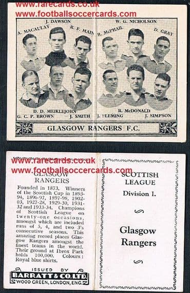 1934 Barratt Scottish league div 1 football team folders card Glasgow Rangers