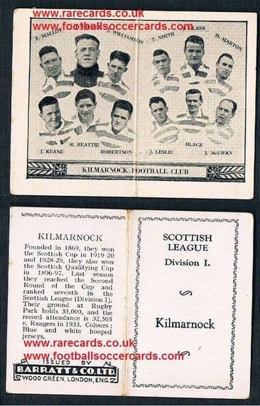 1934 Barratt Scottish league div 1 football team folders card Kilmarnock