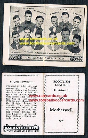 1934 Barratt Scottish league div 1 football team folders card Motherwell