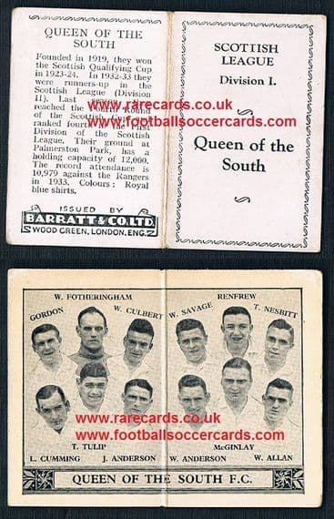 1934 Barratt Scottish league div 1 football team folders card Queen of the South
