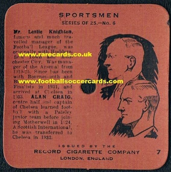 1934 Dubrico Talkie Knighton & Craig Chelsea Man C Brum Arsenal mini-record cigarette card