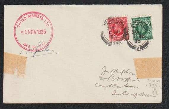 1935 1st Flight British Airways as United Airways flown cover Liverpool Isle of Man, pilot signed !