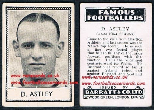 1935 Aston Villa D Astley Charlton Wales Barratt famous footballers black back no number