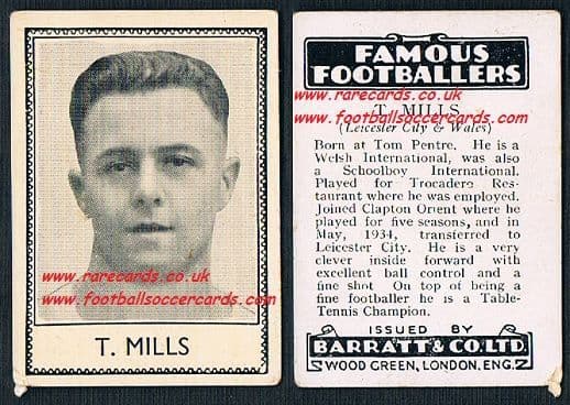 1935 Clapton Orient Leicester City Wales T. Mills Trocadero Barratt famous footballers black back