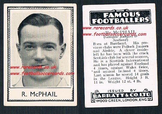 1935 Glasgow Rangers R. McPhail Airdrie Barratt famous footballers black back no number