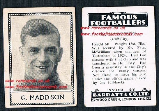 1935 Hull City Spurs G. Maddison Barratt famous footballers black back no number