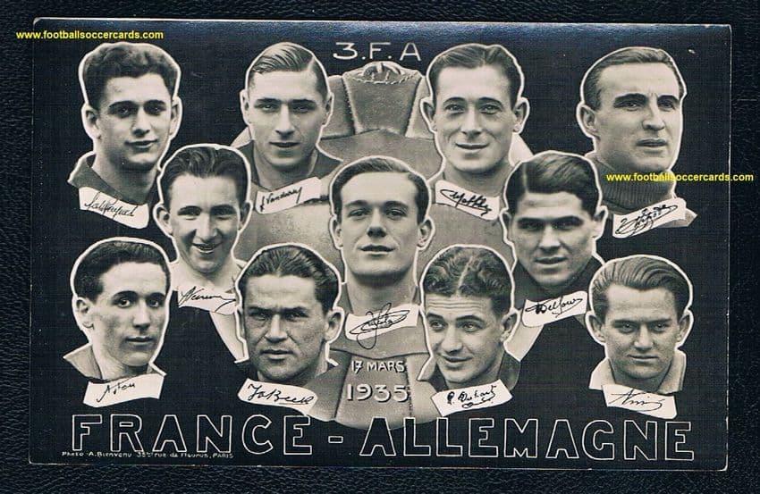 1935 Ivan Bek legendary WC30 Yugoslav 3 goals scorer,  France v Germany card + Alex Thépot goalie