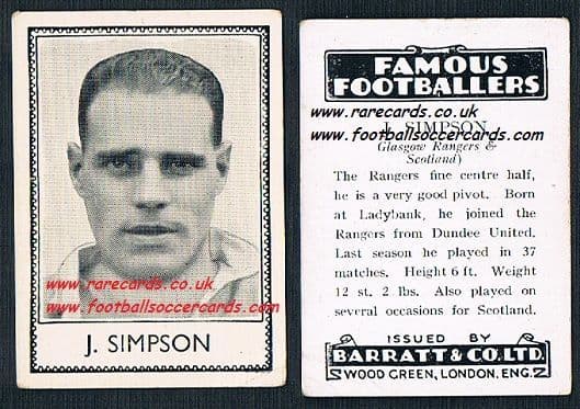 1935 Rangers Dundee United J Simpson Barratt famous footballers black back no number
