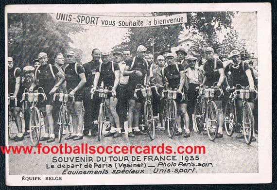 1935 Roman Maes & winning Belgium cycling team Tour de France card by Unis-Sport