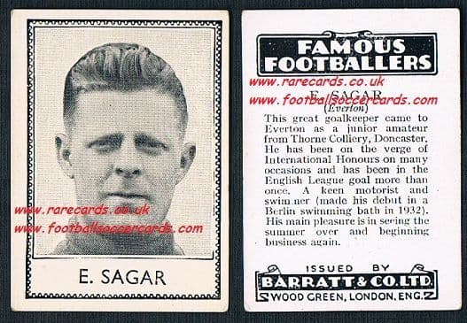1935 Ted E Sagar Everton Barratt famous footballers black back no number