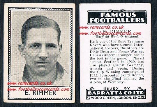 1935 Tranmere Rovers Wednesday E. Rimmer Barratt famous footballers black back no number