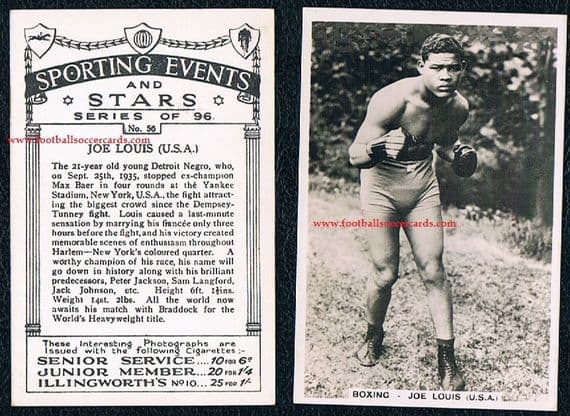 1936 -37 (not 1935) Joe Louis rookie card Pattreiouex tobacco Senior Service card 56 read why below