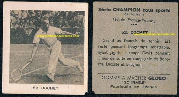 1937 Henri Cochet tennis #52 Globo Gum "Champion Tous Sport" card from France, diamond rarity!
