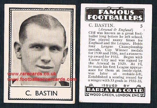 1938 Barratt Arsenal Cliff Bastin 5 Famous Footballers D series