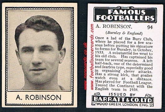 1939 A. Robinson 94 Bury & Burnley Barratt famous footballers E series card